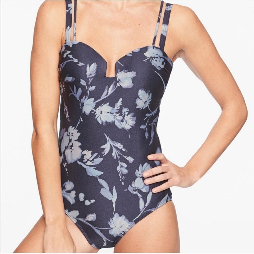 Athleta Aqualuxe Floral Print Square Plunge One Piece Swimsuit Size Large